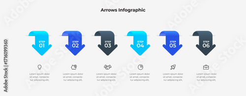 Minimalistic infographic featuring colorful arrow designs illustrating six numbered steps with corresponding icons, perfect for showcasing streamlined processes or workflows
