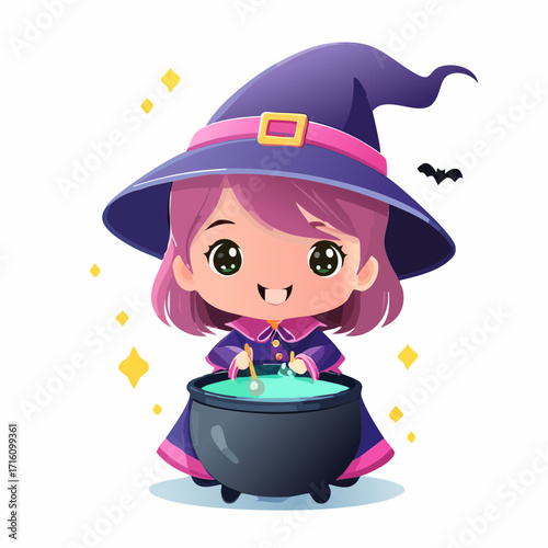 Cute cartoon witch stirring a cauldron.