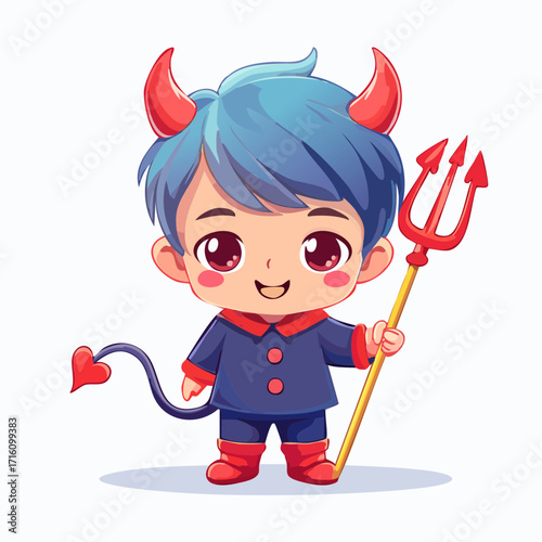 Cute Chibi Devil Boy with Red Horns and Trident.