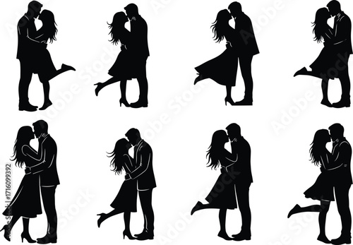 Couple silhouette, romantic kiss, love embrace, passion art, dating romance, intimacy, affection, relationship, togetherness, partnership, emotional bond, romance illustration