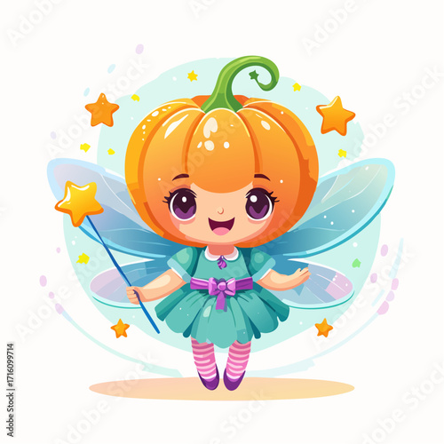 Cute pumpkin fairy with star wand and wings adorable cartoon character.