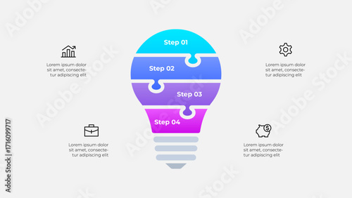 Light bulb divided into four puzzle sections, accompanied by business icons. The vibrant colors and layout emphasize steps workflow and ideas visualization. Infographic template