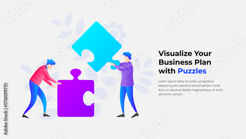 Illustration showcasing individuals assembling large puzzle pieces to convey teamwork and collaborative business planning in a modern and creative layout