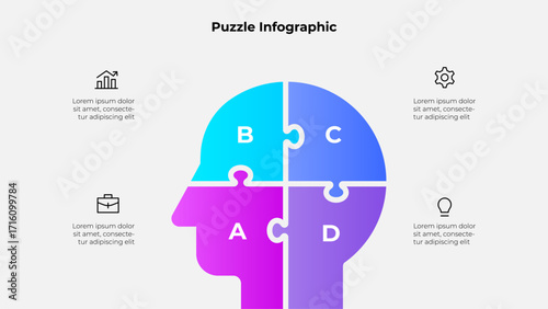 Illustration of a head puzzle split into four sections, representing teamwork, business processes, and brainstorming concepts, paired with symbolic icons for universal comprehension