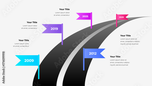 Timeline illustration featuring a road perspective, colorful flags denoting milestones, and significant years for representation of progress, goals, or achievement strategy