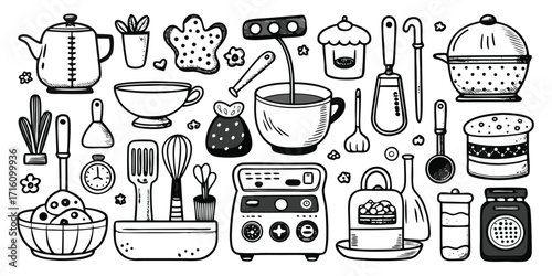 Hand drawn baking and cooking essentials collection sketch art