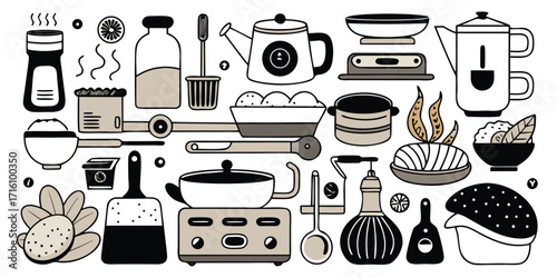 Collage of baking supplies and cooking utensils with hand-drawn sketchy style elements