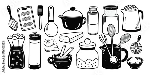 Collection of hand-drawn baking and cooking utensils essential kitchenware for food preparation