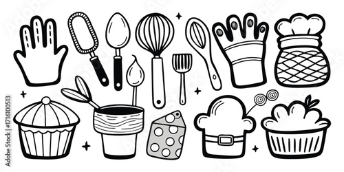 Baking essentials collection featuring utensils gloves cupcakes chef hats and tools