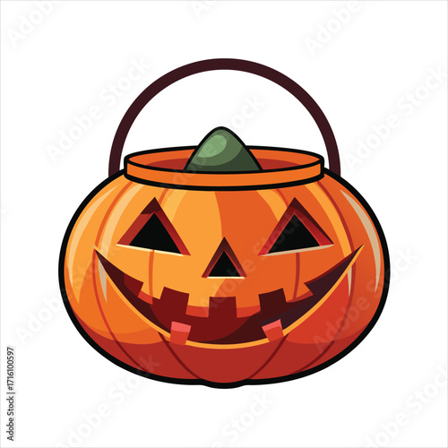 Classic jack o lantern candy bucket for halloween trick or treating flat vector illustration.