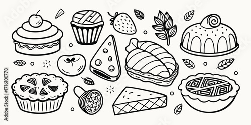 Whimsical baking essentials collection featuring pies cupcakes cakes and pastries hand drawn style