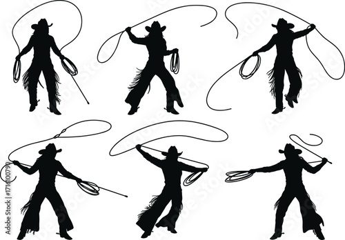Cowboy silhouette, cowgirl silhouette, lasso action, rodeo performance, western culture, wild west, ranch life, frontier tradition, cowboy hat, horse riding, rope skills, vintage western,  