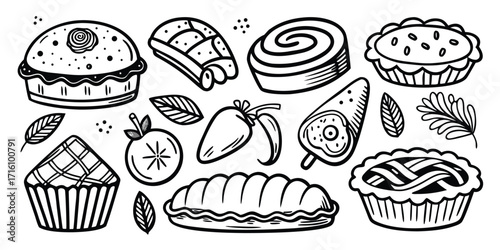 Drawn baking essentials collection featuring pies cakes pastries and muffin line art