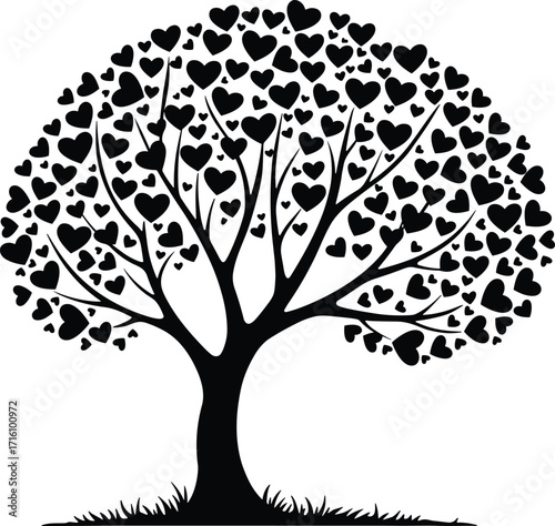 Heart tree silhouette with thick trunk and grass base, love-themed vector illustration for nature design, emotional growth, graphic art