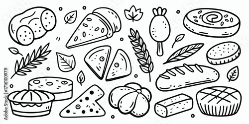 Artistic sketch collection of baked goods and cheeses for culinary creations