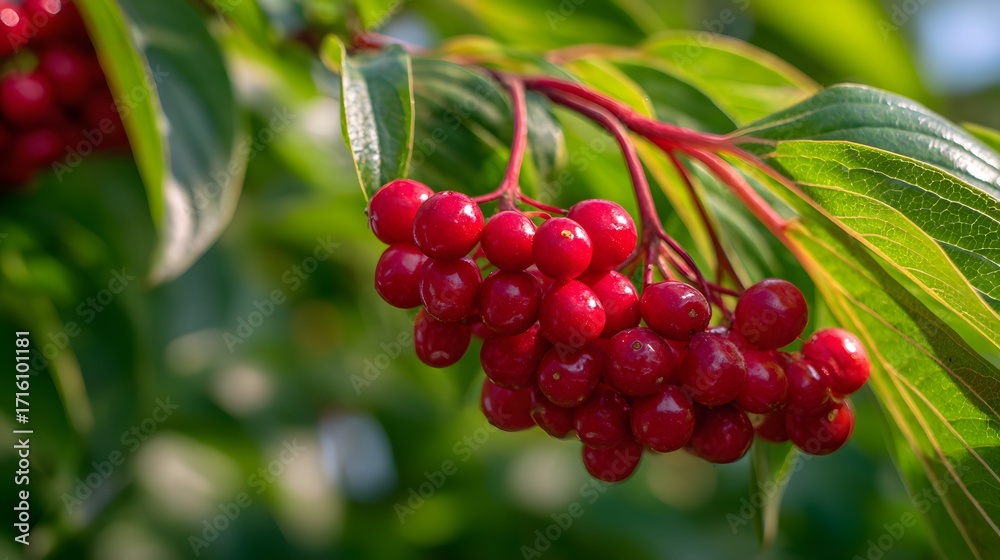 Fototapeta premium Ripe red berries hanging on branch.