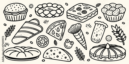 Whimsical hand-drawn baking essentials collection featuring breads pastries and treats