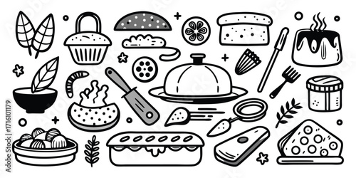 Hand-drawn baking essentials collection featuring cakes pies and utensils for culinary creativity