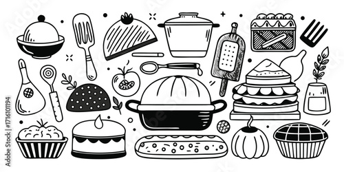 Whimsical hand-drawn collection of baking essentials and delicious desserts for kitchen creativity