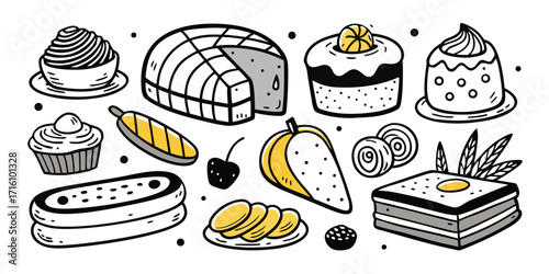 Assortment of delicious desserts and baking elements hand drawn sketch style