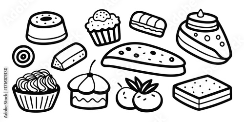 Hand-drawn assortment of delicious baked goods and desserts sketch art