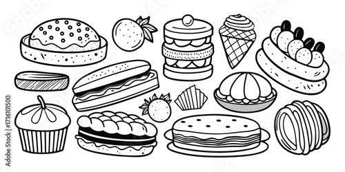 Collection of delicious baking essentials and sweet treats depicted in outline art style