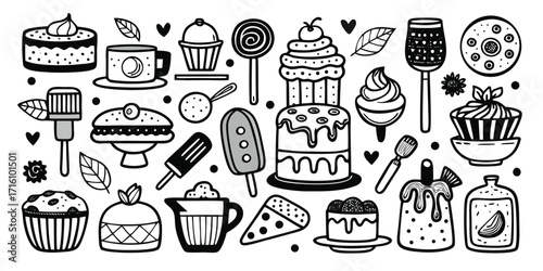 Hand-drawn baking essentials collection featuring cakes cupcakes pies and desserts