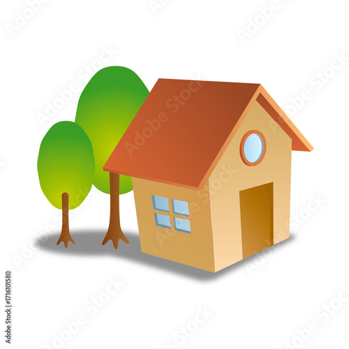 Cartoon house with green trees and gray ground on transparent background Keywords: house, home