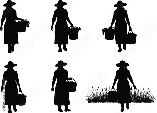 Farmer woman silhouette, basket harvest, agriculture art, gardening, rural life, farming, countryside, plants, produce, nature, village, traditional lifestyle