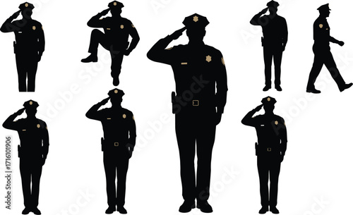  Silhouette of a professional police officer in uniform, performing a salute, standing guard, and maintaining law enforcement.