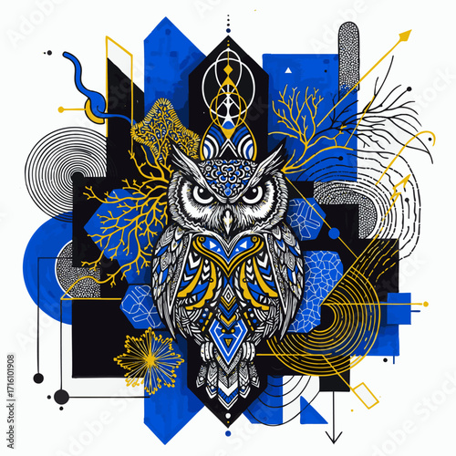 Intricate owl illustration with abstract geometric shapes and lines, a modern graphic design in blue, yellow, and black colors