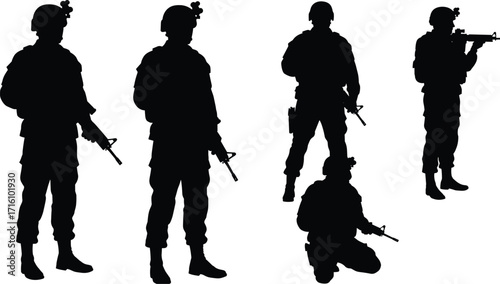 Silhouette of military soldiers in combat uniforms, holding rifles and weapons, ready for action, security, or training missions.