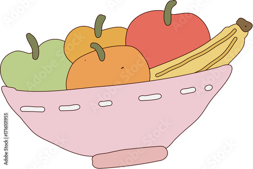 Colorful Fruit Bowl: A charming illustration showcases a delightful assortment of fresh, ripe fruit, elegantly arranged in a decorative bowl.