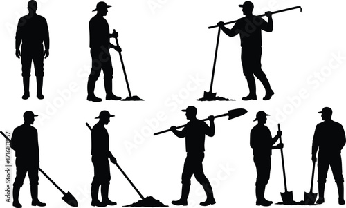 Silhouette of manual laborers and construction workers carrying tools, equipment, and materials for building and industry projects.