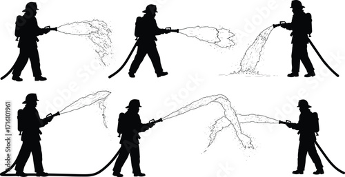 Silhouette of firefighters battling a blaze with a fire hose, spraying water during an emergency, rescue, or training exercise.