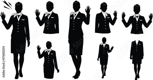 Silhouette collection of professional flight attendants in various poses, including welcoming gestures and in-flight service.