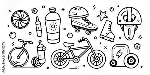 Doodle style summer sports and active lifestyle icons featuring bikes skates and helmets