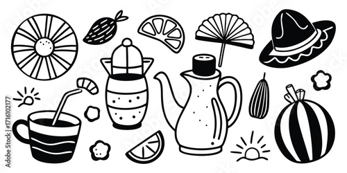 Whimsical summer icons collection featuring beach hat drink citrus and festive elements