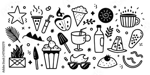 Whimsical summer doodle collection featuring food drinks and beach elements
