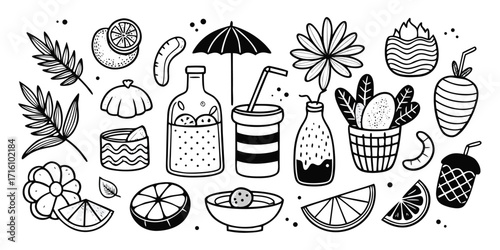 Hand-drawn summer beach vibes collection featuring fruits drinks and tropical elements