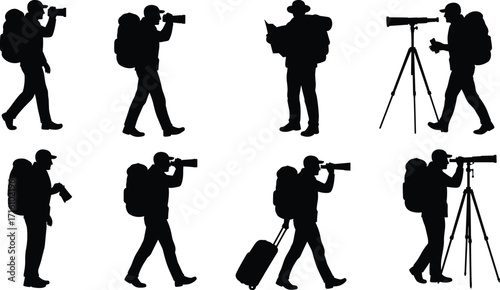 Collection of male hiker silhouettes, showing different poses while hiking, trekking, and exploring with backpacks and gear.