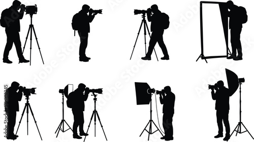 Silhouette of professional photographers capturing images, using tripod stands, studio lighting, and various camera equipment.