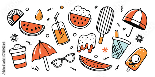 Vibrant hand drawn summer icons featuring watermelon ice cream and umbrellas