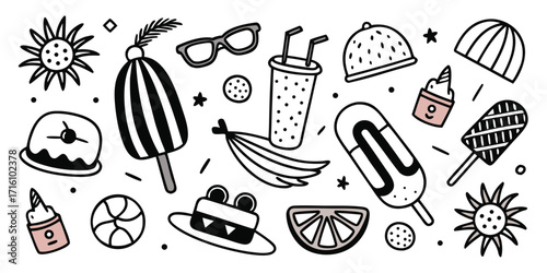 Whimsical summer doodle art collection featuring ice cream sun sunglasses and fruit for a fun vacation vibe