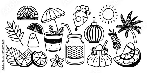 Summer vacation beach party elements hand drawn style tropical drinks sun palm tree orange slice