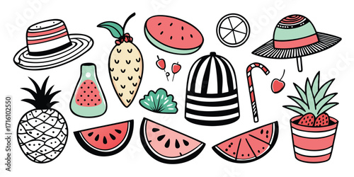 Summer beach vibes pineapple watermelon hats candy and juice box fun elements