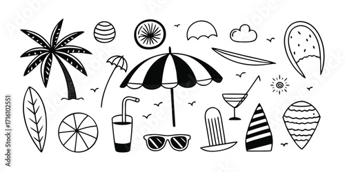 Drawn summer beach vacation elements palm tree umbrella cocktails sunglasses surfboard tropics fun