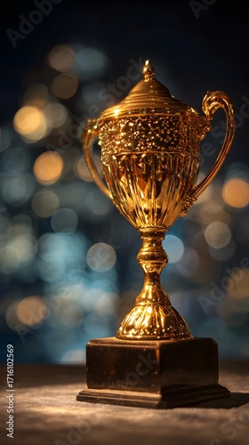 Elegant gold cup trophy standing on a velvet platform, cinematic spotlight and subtle bokeh blur behind
