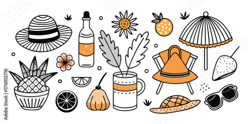 Whimsical summer beach essentials hand drawn sketch with tropical elements and drinks