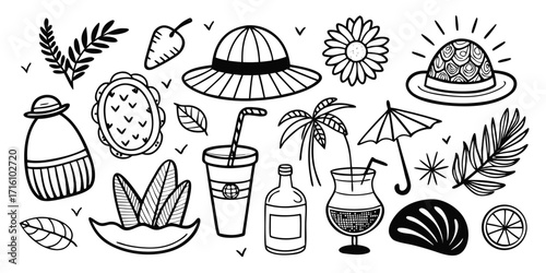 Summer vacation beach fun doodle elements - hats drinks palm trees and more